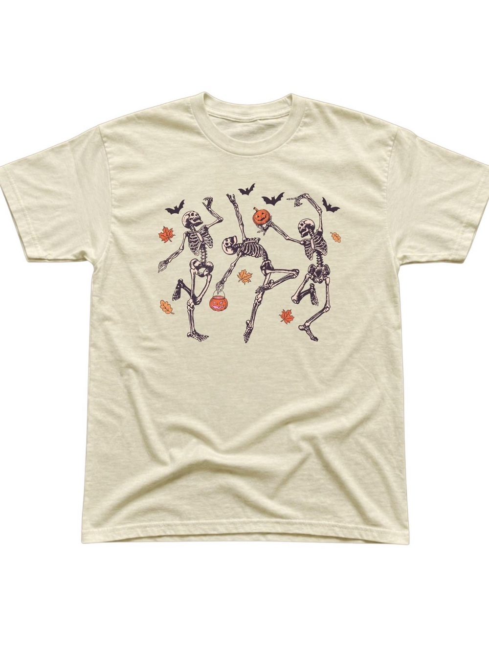 Offwhite Halloween Dancing Skeletons Pumpkin Graphic T-Shirt Spooky Fall Tee